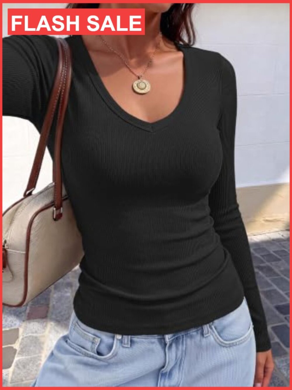 Slim Fit V-Neck Long Sleeve Tee Women's Casual Basic Top - Picture 4 of 7
